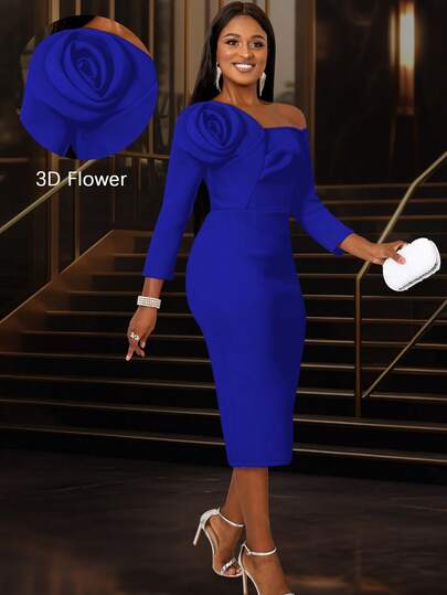 Women's Asymmetric Collar 3/4 Sleeve Fitted Dress With Floral Decor, Elegant