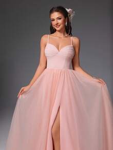 VIPGIRL 优雅粉色吊带薄纱礼服，高开衩设计，女士舞会礼服，长款正式礼服，婚礼宾客礼服，公主风奢华晚礼服，派对礼服 - 粉色 - 查看 1