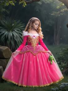 Kleine Mädchen Langarm Prinzessin Kleid, geeignet für Schule, Bühnenauftritte, Partys, Zusammenkünfte, Urlaub, Kopfschmuck nicht enthalten