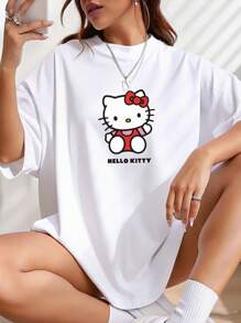 Sanrio Oversized Sanrio Hello Kitty Cute Print T-Shirt, Summer Basic Women Tops, Hello Kitty Summer Oversized T-Shirt