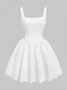 Spring/Summer French Minimalist Style White Camisole Dress, Women High-End Sense Slimming Square Neck Waisted Sleeveless Backless Vintage Fitted Sexy Slip Dress