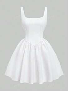 Spring/Summer French Minimalist Style White Camisole Dress, Women High-End Sense Slimming Square Neck Waisted Sleeveless Backless Vintage Fitted Sexy Slip Dress