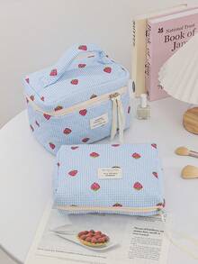 Cute Blue Strawberry Pattern Cosmetics Storage Bag With Quilted Design Fashionable Travel Toiletry Bag With Ribbon Cute Children's Make Up Bag With Zipper Large Capacity Makeup Pouch Portable Daily Organizer Bag Good Idea For Back To School Gift, Children's Day Gift, Graduation Gift, Birthday Gift For Daughters, Sisters, Friends, Classmates, Roommates Birthday Gifts For Girl Back To School Gifts - Blue - View 4