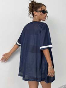 Women's Mesh Printed Open Front Short Sleeve Athletic T-Shirt - Navy Blue - View 2