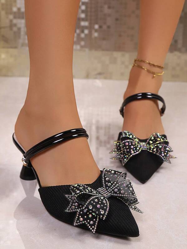 2025 Summer New Rhinestone Pointed Toe Bowknot Closed Toe High Heel Sandals For Women