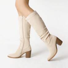 Women's Knee-High Boots, Comfortable Chunky Block Heel Pointed Toe Pull On Side Zipper Suede Slouch Riding Boots - Beige - View 10