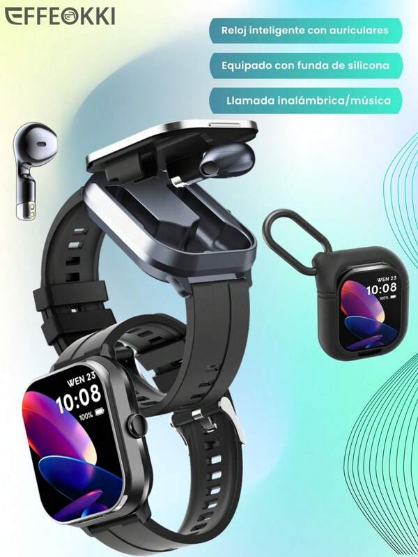 EFFEOKKI Smartwatch D8Pro 2 en 1 con auriculares internos y funda de silicona - Auriculares inalámbricos TWS, auriculares, reloj inteligente con frecuencia cardíaca y deporte compatible con iPhone y Android