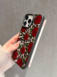 1 Stück Blumen Handyhülle mit Leopardenmuster, Grün Blätter & Rote Rose Grafik, matter TPU Schutzhülle, Sturzsicher kompatibel mit Apple/ Handy wie 16 Promax, 15Pro, 14plus, 13, 12promax, 11, S24 Ultra, S23 FE, S22, S21, S10, A54, A35, A14, A05S