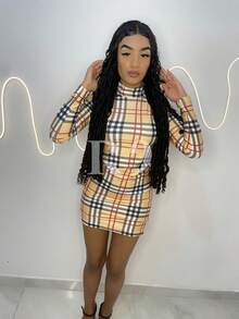 Long Sleeve High Neck Suplex Tube Dress - Nude Chess - View 2