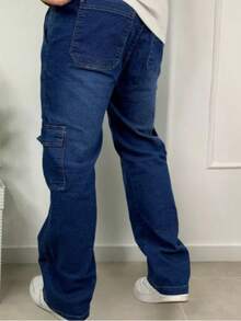 Black Cargo Pants Contrast Side Pockets Elastic Waist Black White Stitching Skater Street - Rửa tối - Xem 5