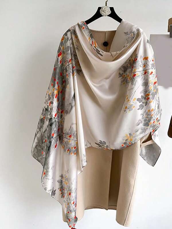 1 pièce Écharpe longue en soie style soie avec imprimé floral, accessoire mode pour femmes