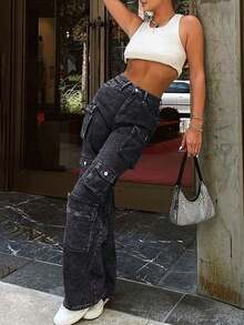 Y2K Streetwear Multi-Pocket Zipper Decor Wide Leg Jeans, Large Pockets Design, Casual Cargo Washed Denim Pants - Smoke Black - View 9