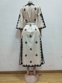 女士几何印花 V 领长袖系腰连衣裙 - 彩色 - 查看 4