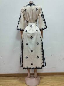 Women Geo Print V-Neck Long Sleeve Tie-Waist Dress