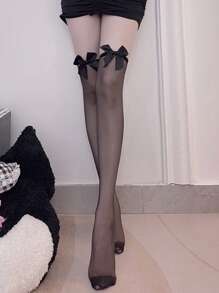 1 Par de Medias por Encima de la Rodilla Negras con Parche de Moño para Mujer, Medias Sexys hasta el Muslo