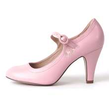 Women Cutout Mary Jane Mid Heels – Round Almond Toe Vintage Cone Heel Pumps With Ankle Strap For Spring Summer Weddings, Parties, Bridesmaids, Office & Everyday Wear [Size Up Half Size] - 玫瑰粉 - 查看 2