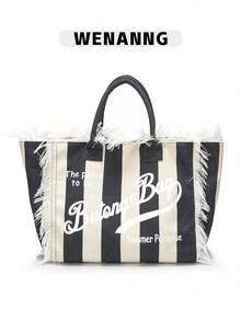 1 件时尚女士条纹托特包字母印花和原始下摆设计单肩包大容量休闲沙滩通勤手提包女士/女孩日常使用/购物/度假/旅行 - 黑與白 - 查看 3