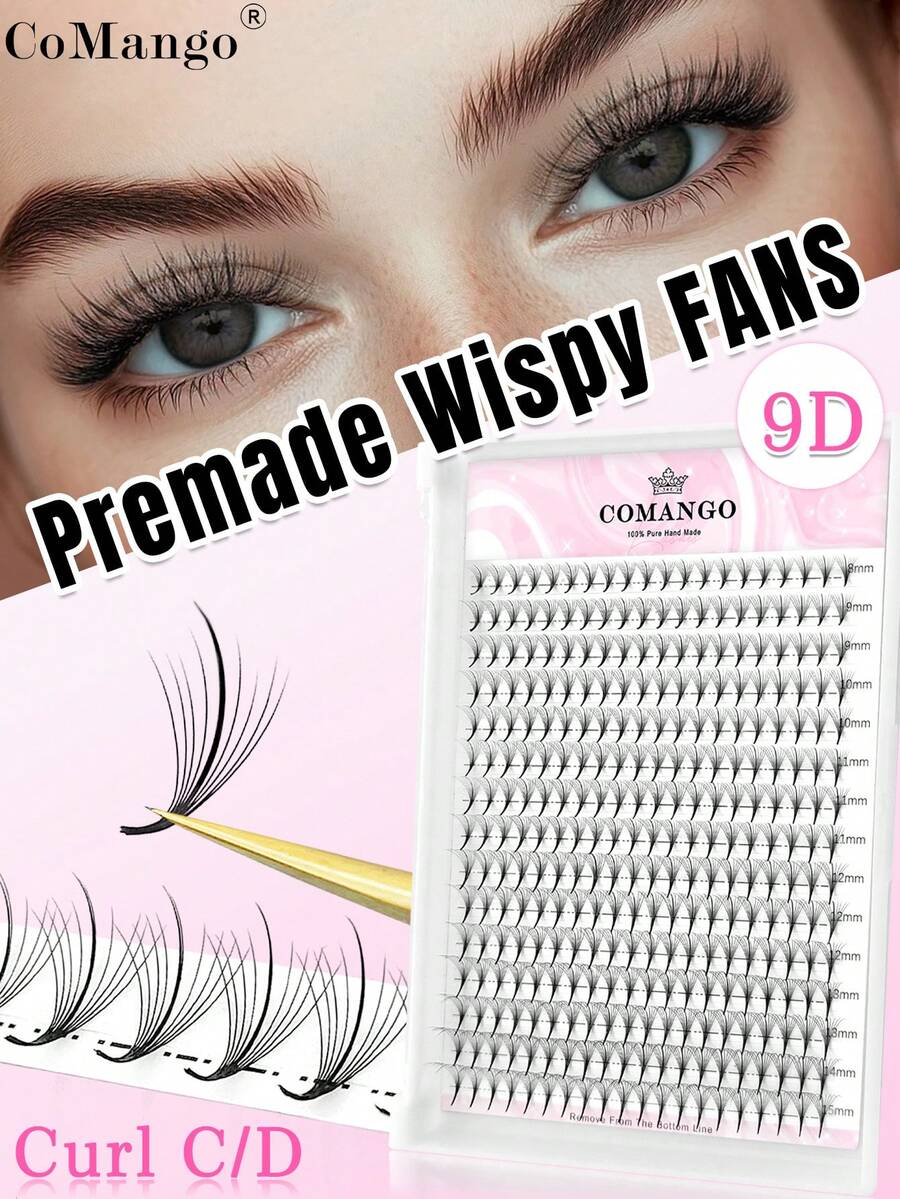 CoMango 300Fans C/D 9D Wispy 预制扇形卷扇 0.07mm 仿貂皮簇状睫毛尖头底座预制尖刺单根睫毛延长 S 睫毛簇、睫毛簇、单根睫毛、睫毛、假睫毛 - 黑色 - 查看 1