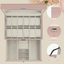 Ogrmar 12 Slot PU Leather Lockable Watch Storage Boxes, Men & Women Jewelry Display Drawer, 2-Tier Organizer Watch Showcase With Glass Lid (White) - Pink - View 4
