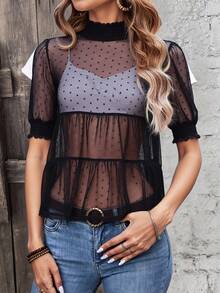 Blusa Malla Tul dama mujer Transparente Negra Textura Lunares Volantes casual elegante dulce coqueta dark - Negro - Ver 3