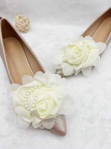 2pcs Handmade Pearl Flower & Rose Bud Chiffon Shoe Clips, DIY Hair Accessories & Brooch Decor