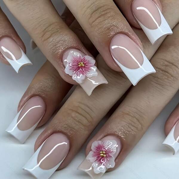 10pcs Handmade Wearable Nail Women's Full Coverage Nail Sticker Reusable Nude French Nail Art 3D Sculpture Hand-Painted |Bride Nails |Wedding Nails