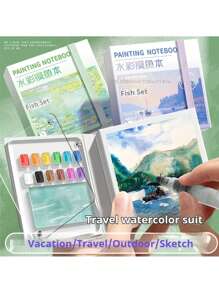 1pc Portable Watercolour Sketchbook With Palette, Suitable For Travel Use, Contains 50 Sheets Of Paper, Comes With A Removable Palette Box And Medium-Weight Textured Paper, Suitable For Travel And Outdoor Art Projects (Paints Not Included), Outdoor Painting Equipment | Art Sketchbook | Durable Cover, Watercolour Painting Supplies, Back-To-School Essentials