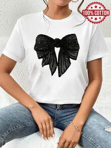 100% Cotton T-shirt | Shipped from Mexico | High-quality breathable fabric | Women's black and white loose short-sleeve printed cotton Black T Shirt With Bow Design |Machine Washable|Crew Neck Casual Sport Top|Comfortable and Trendy Fashion| - Blanco - Ver 1