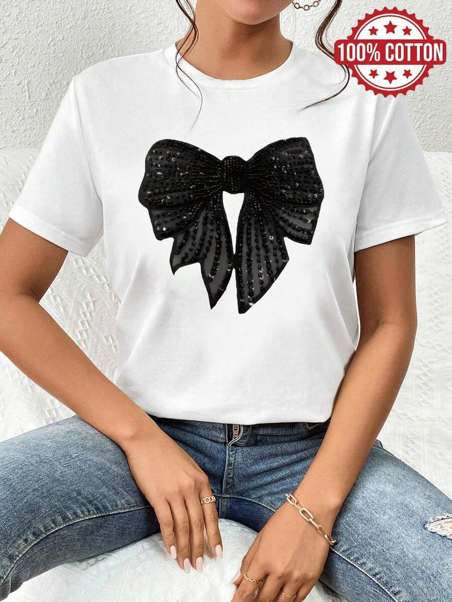100% Cotton T-shirt | Shipped from Mexico | High-quality breathable fabric | Women's black and white loose short-sleeve printed cotton Black T Shirt With Bow Design |Machine Washable|Crew Neck Casual Sport Top|Comfortable and Trendy Fashion| - Blanco - Ver 1
