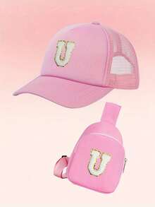 2pcs/Set Girls Letter Graphic Baseball Cap And Bag, Breathable Design For Daily Wear And Outdoor Activities - Pink - View 40