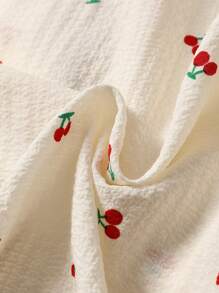 3pcs/Set Bubble Textured Cherry Print Sleepwear Set For Women - Short Sleeve Button Collar Top And Shorts And Pants