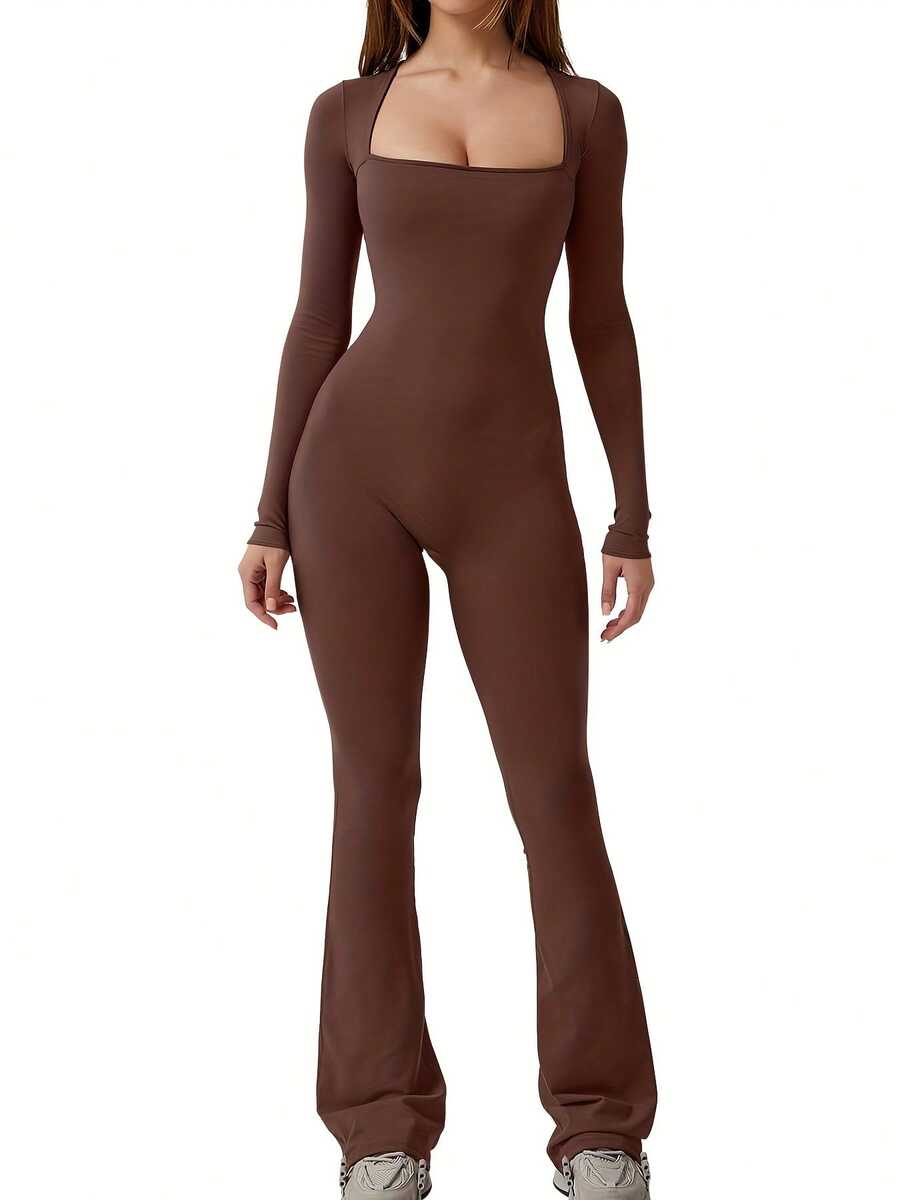 Women Jumpsuit, Long Sleeve Square Neck Solid Slim Fit Ladies Fall Romper Clubwear - nâu sẫm - Xem 1