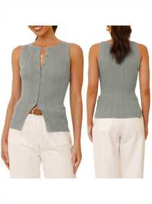 Women's Ribbed Knit Tank Tops Slim Solid Color Button Down Round Neck Sleeveless Shirt For Summer