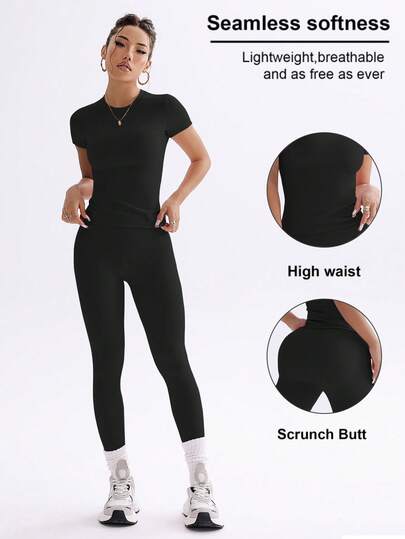 FWH 1. Cute Solid Color Crop Top, Stretchy Fitted Round Neck Sweet Fashionable Versatile Jacket, Elegant High Waist Slim Casual Tummy Control Daily Basic Dancewear Leg Lengthening Butt Lifting Street Running Yoga 2-Piece Set, Spring/Summer