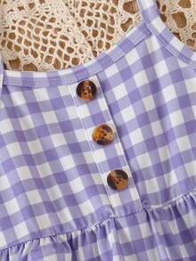 3pcs/Set Baby Girls Flower Print Strap Dress + Solid Color Button Strap Dress + Plaid Print & Button Splice Strap Dress - Purple - View 3
