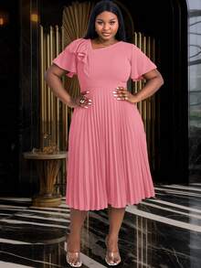 Vestido de línea A con cuello asimétrico, mangas con volantes y talla grande, adecuado para ir a trabajar, ceremonias de graduación, servicios religiosos, batas de graduación y otras ocasiones en verano - Rosa vieja - Ver 9
