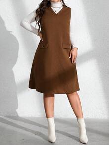 Plus Size Women Diamond Dzianinowa Sukienka Bez Rękawów Casualowa Z Fałszywymi Kieszeniami, Odpowiednia Na Wiosnę, Wczesną Jesień, Jesień/Zimę