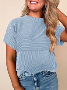 CILKOO Summer Casual Solid Color Striped Print Knit Texture Striped Round Neck Drop Shoulder T-Shirt - Blue - View 3