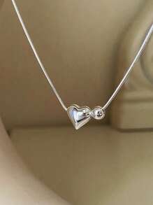 1 pieza de collar con colgante de plata de ley 925 con diseño de corazón y cuenta pequeña y redonda, accesorio de moda y adorable para uso diario y fiestas de mujeres