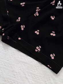 Plus Size Women Cherry Print Short Sleeve Shirt Pajama Set With Shorts, Outfits - Black - View 7