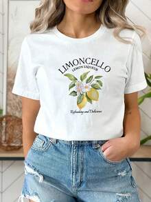 Dames casual T-shirt met Limoncello-citroenlikeurprint en bloemen- en fruitprint - Wit - Bekijken 1
