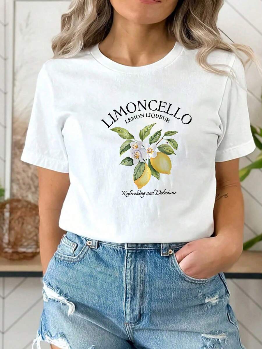 Dames casual T-shirt met Limoncello-citroenlikeurprint en bloemen- en fruitprint - Wit - Bekijken 1