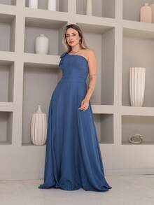 Victoria Long Luxury Dress Plain Duna Linen With Bow One Shoulder - Neblina azul - Ver 2