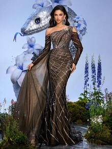 Charming Gorgeous Black Beaded Asymmetrical Neck Strapless Gown Dresses For Dinner Party, Prom, Graduation Party (Heavily Embellished) Wedding Spring - Black - View 2