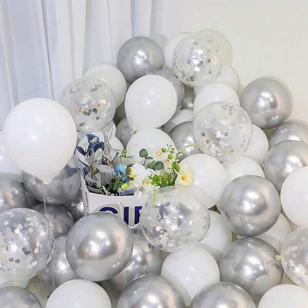 Un set de 24 unidades de globos de 10 pulgadas en color blanco elegante, plateado metálico y de 12 pulgadas con brillo plateado, adecuados para decoración de bodas, decoración de cumpleaños, decoración de habitaciones, despedida de soltero y otras decoraciones de eventos