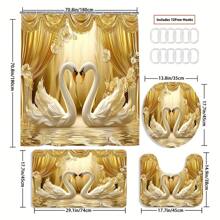 [1/4pcs Gold Shower Curtain] 1/4pcs Gold 3D Swan Printed Shower Curtain Set | Bathroom Decor Set, Non-Slip Bath Mat, Toilet Seat Cover, Bath Rug, 12pcs Plastic Hooks, Bathroom Accessories, Home Decor Back To School