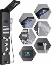 Panel de ducha LED Cepillado Tower Sistema de lluvia Sistema de cabezal de ducha Acero inoxidable 5 en 1 Columna de torre de ducha Ducha de mano Sistema de panel y caño de bañera - Negro mate - Ver 8
