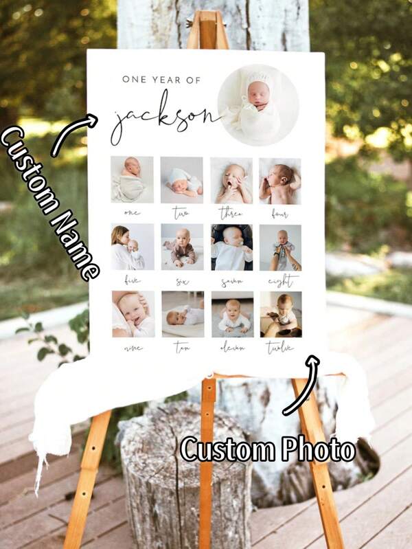 Customized Minimalist First Birthday Photo Sign Template, 1st Birthday Photo Poster, Baby's First Year Poster Printable, Modern Birthday DIY,Baby Shower Party Decoration, Baby Room Decoration Back To School