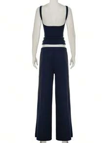 Elegante conjunto de dos piezas casual para mujer, top sin espalda básico liso y pantalón recto de cintura elástica, sencillo y deportivo para verano y otoño