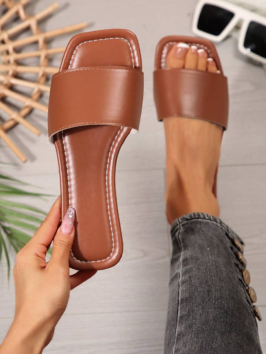 Sandalias planas tipo slip-on negras para mujer talla grande, sandalias de punta cuadrada a la moda aptas para vestidos, elegantes pantuflas de playa para damas, antideslizantes para interior y exterior, de verano